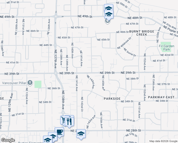 map of restaurants, bars, coffee shops, grocery stores, and more near 4002 Northeast 143rd Avenue in Vancouver