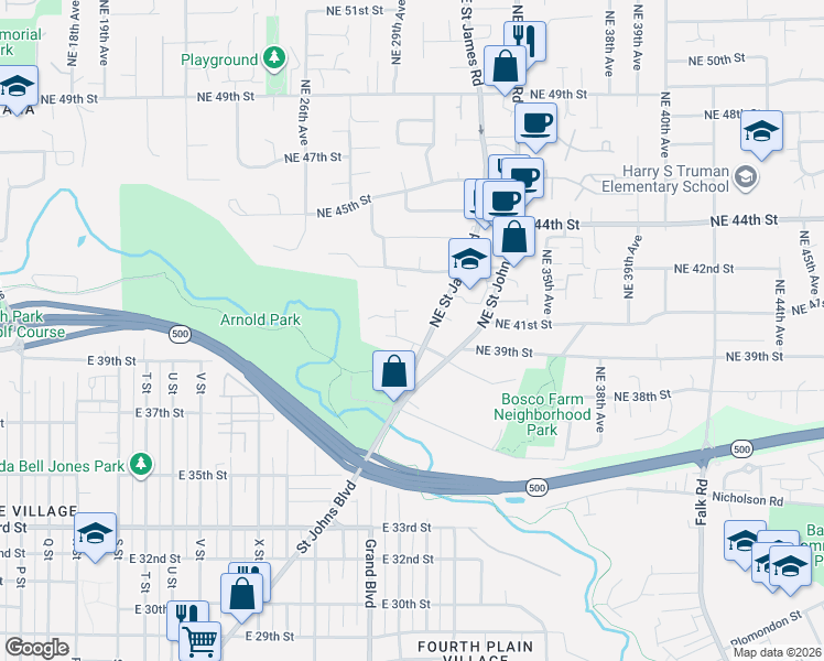 map of restaurants, bars, coffee shops, grocery stores, and more near 2920 Northeast Cherry Road in Vancouver