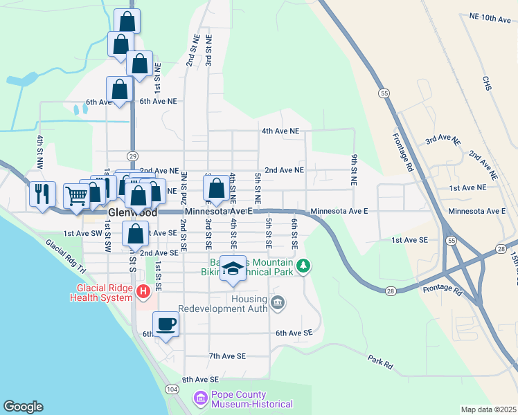 map of restaurants, bars, coffee shops, grocery stores, and more near 18 5th Street Northeast in Glenwood