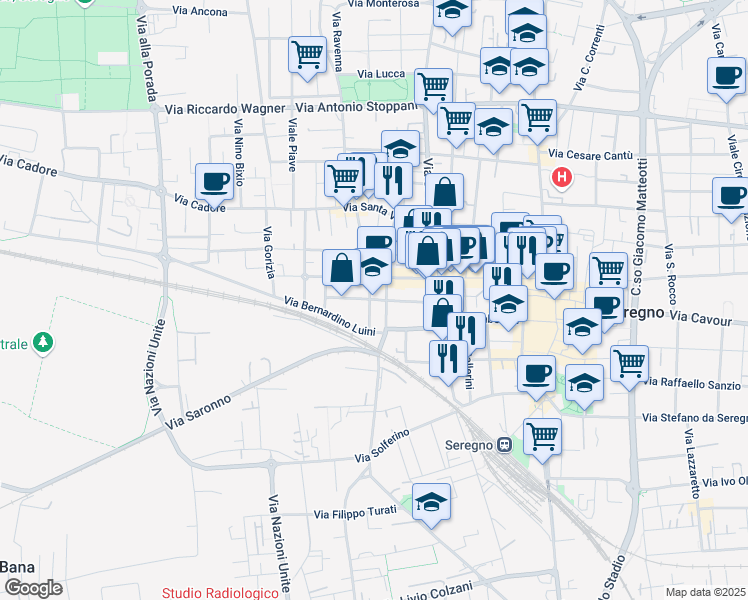 map of restaurants, bars, coffee shops, grocery stores, and more near 11 Via Fratelli Sabatelli in Seregno