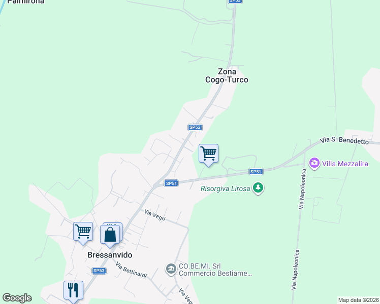 map of restaurants, bars, coffee shops, grocery stores, and more near 74 Strada Provinciale 53 in Bressanvido