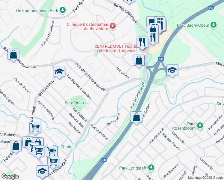 map of restaurants, bars, coffee shops, grocery stores, and more near 281 Chemin du Bas-de-Sainte-Thérèse in Blainville