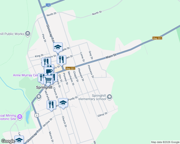 map of restaurants, bars, coffee shops, grocery stores, and more near 4 Princess Street in Springhill