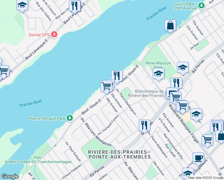 map of restaurants, bars, coffee shops, grocery stores, and more near 8800 Boulevard Gouin Est in Montréal