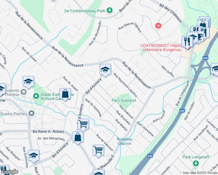 map of restaurants, bars, coffee shops, grocery stores, and more near Rue Dumont in Blainville