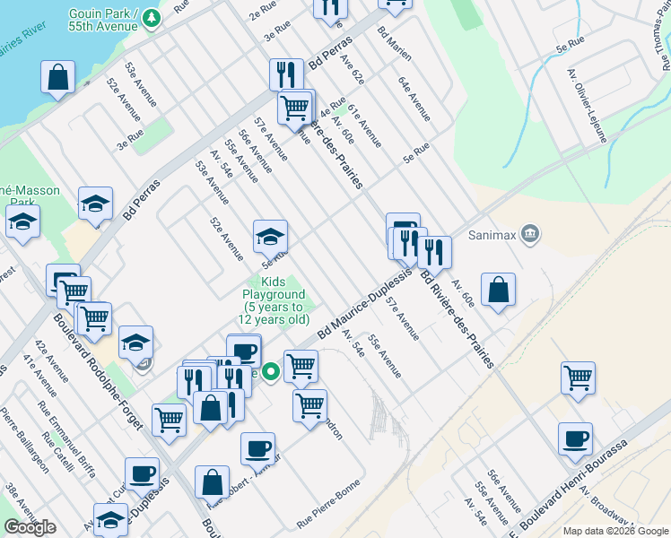 map of restaurants, bars, coffee shops, grocery stores, and more near 12080 56e Avenue in Montréal