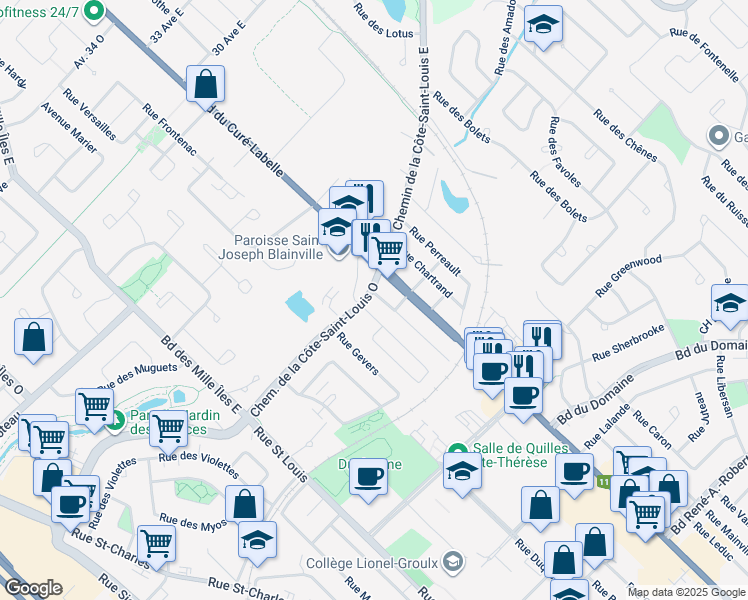 map of restaurants, bars, coffee shops, grocery stores, and more near 13 Chemin de la Côte-Saint-Louis O in Blainville