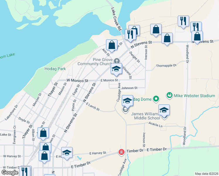 map of restaurants, bars, coffee shops, grocery stores, and more near 101 Johnson Street in Rhinelander