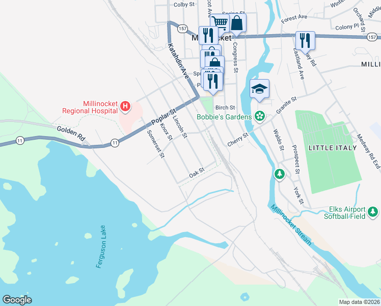 map of restaurants, bars, coffee shops, grocery stores, and more near 45 Lincoln Street in Millinocket