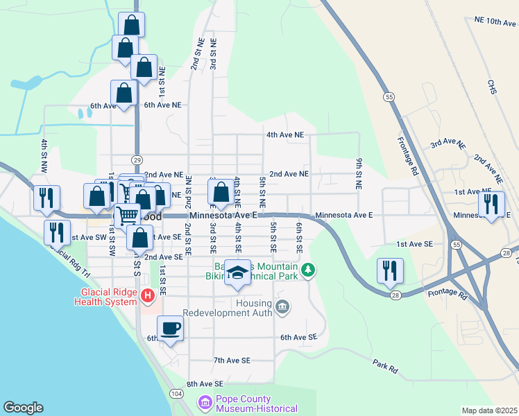 map of restaurants, bars, coffee shops, grocery stores, and more near 18 5th Street Northeast in Glenwood