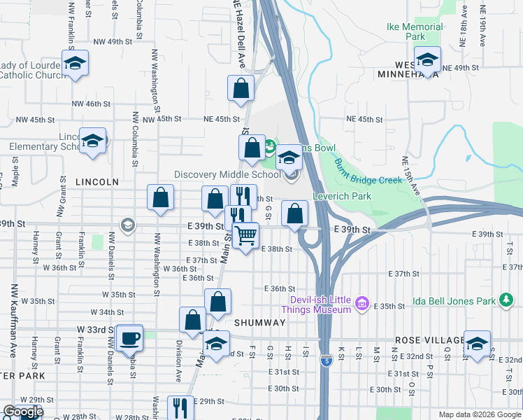 map of restaurants, bars, coffee shops, grocery stores, and more near 3916 G Street in Vancouver