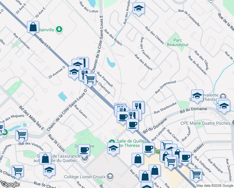 map of restaurants, bars, coffee shops, grocery stores, and more near 352 Rue Perreault in Blainville