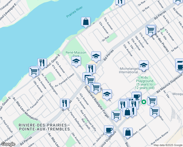 map of restaurants, bars, coffee shops, grocery stores, and more near 9000 Boulevard Perras in Montréal