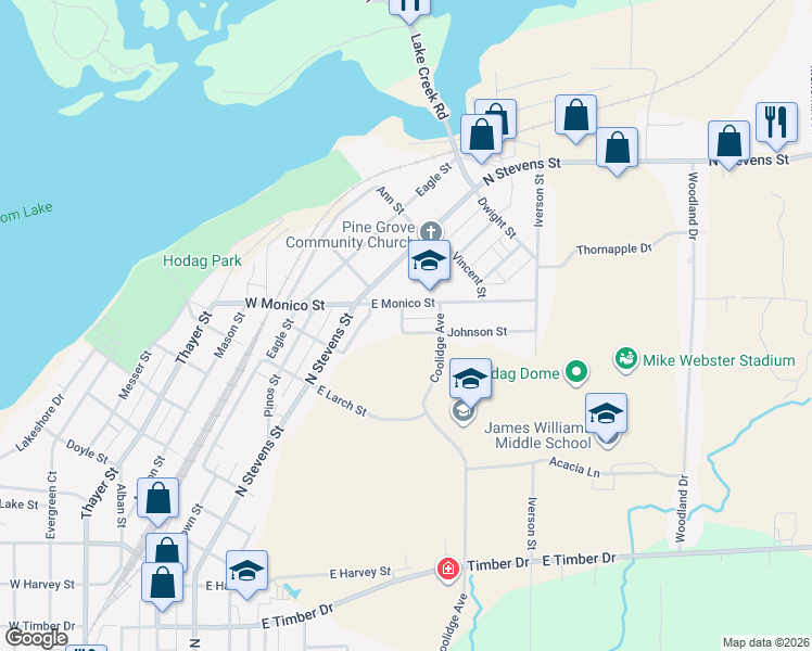 map of restaurants, bars, coffee shops, grocery stores, and more near 101 Johnson Street in Rhinelander