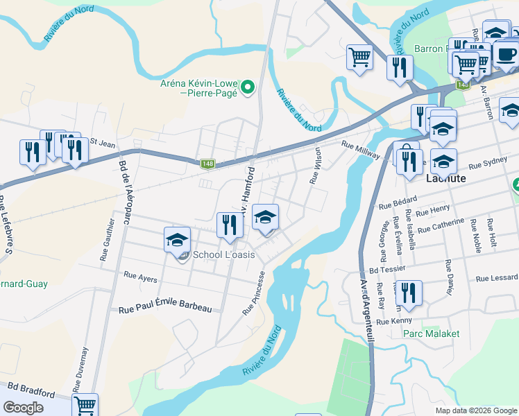 map of restaurants, bars, coffee shops, grocery stores, and more near 155 Rue Cloutier in Lachute