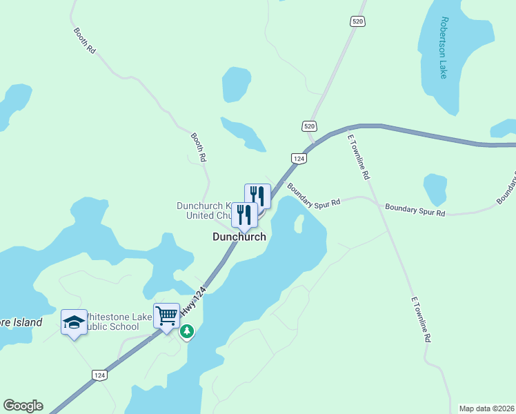 map of restaurants, bars, coffee shops, grocery stores, and more near 2261 Highway 124 in Dunchurch