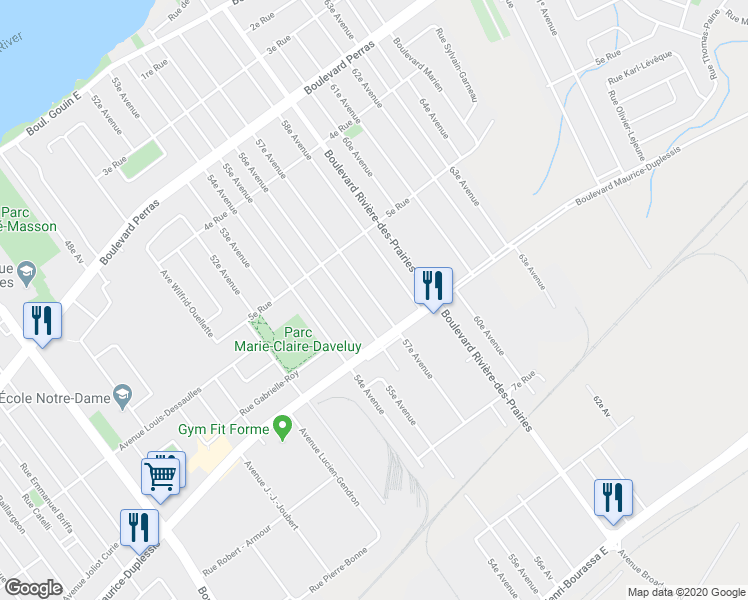 map of restaurants, bars, coffee shops, grocery stores, and more near 57e Avenue in Montréal