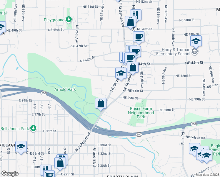map of restaurants, bars, coffee shops, grocery stores, and more near 2910 Northeast Cherry Road in Vancouver