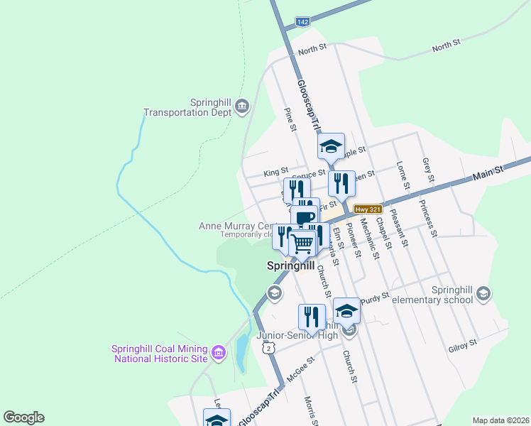 map of restaurants, bars, coffee shops, grocery stores, and more near 35 Lisgar Street in Springhill