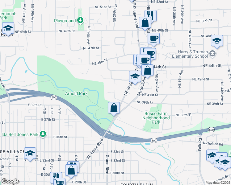 map of restaurants, bars, coffee shops, grocery stores, and more near 2910 Northeast Cherry Road in Vancouver