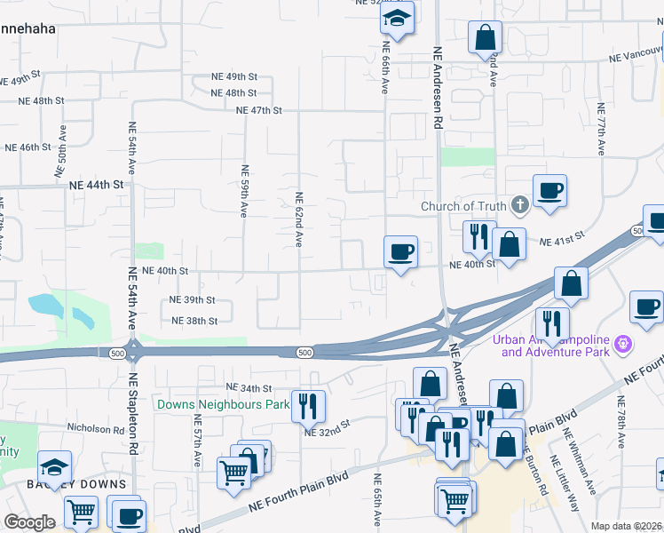 map of restaurants, bars, coffee shops, grocery stores, and more near 3506 Northeast 64th Avenue in Vancouver