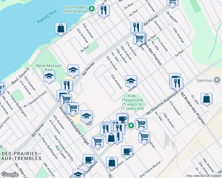 map of restaurants, bars, coffee shops, grocery stores, and more near 12316 Avenue Anselme-Baril in Montréal