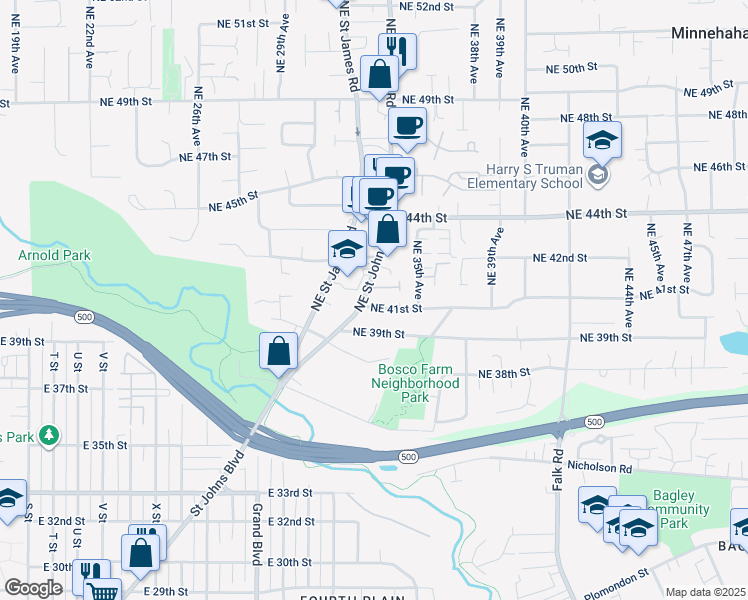 map of restaurants, bars, coffee shops, grocery stores, and more near 4103 Northeast Saint Johns Road in Vancouver