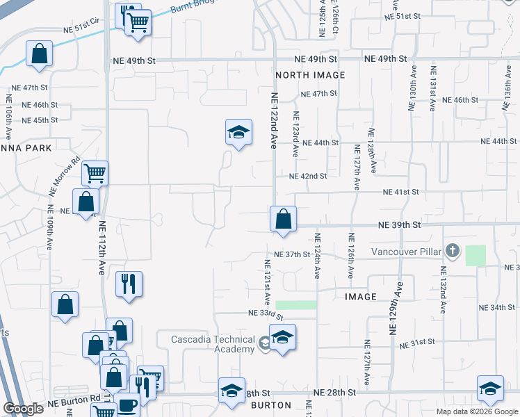 map of restaurants, bars, coffee shops, grocery stores, and more near 12104 Northeast 40th Circle in Vancouver