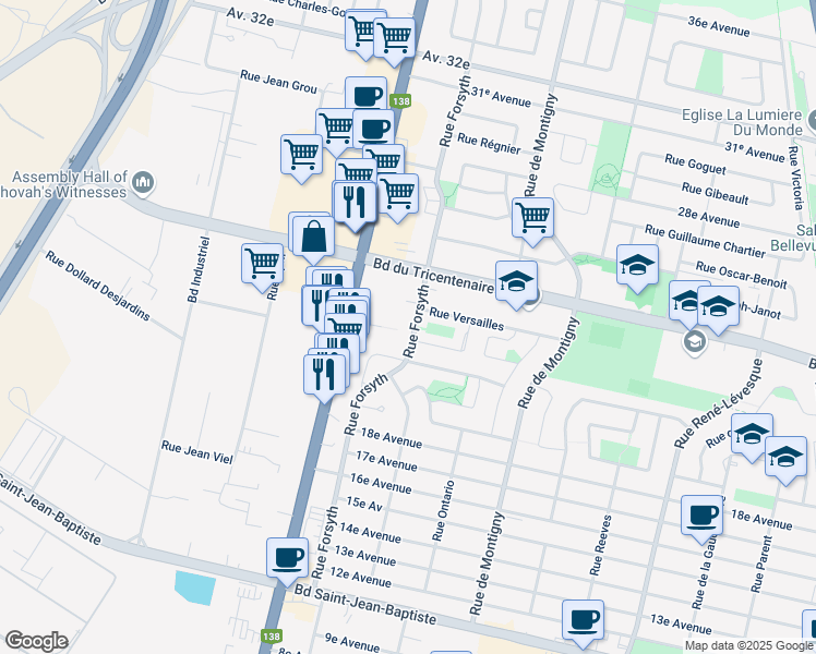 map of restaurants, bars, coffee shops, grocery stores, and more near 12651 Rue Forsyth in Montréal