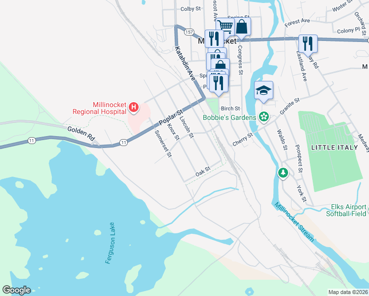 map of restaurants, bars, coffee shops, grocery stores, and more near 51 Knox Street in Millinocket