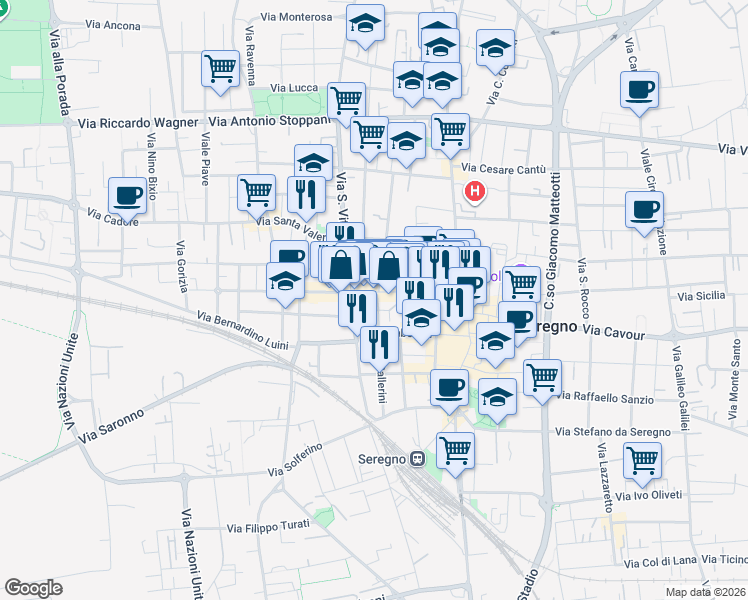 map of restaurants, bars, coffee shops, grocery stores, and more near 109 Via Giuseppe Garibaldi in Seregno