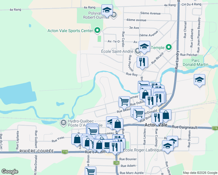 map of restaurants, bars, coffee shops, grocery stores, and more near 1227 Rue Hormidas-Lemoyne in Acton Vale