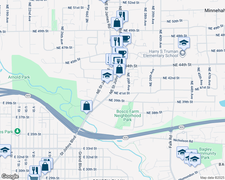 map of restaurants, bars, coffee shops, grocery stores, and more near 4103 Northeast Saint Johns Road in Vancouver