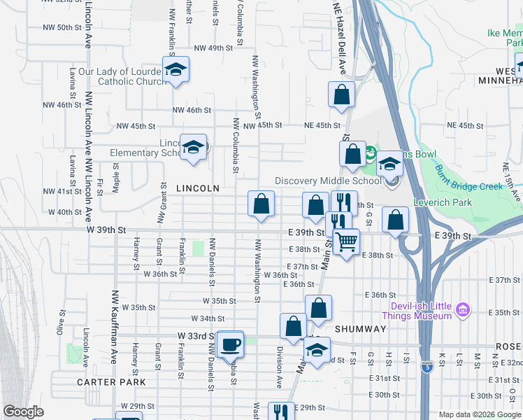map of restaurants, bars, coffee shops, grocery stores, and more near 114 Northwest 40th Street in Vancouver