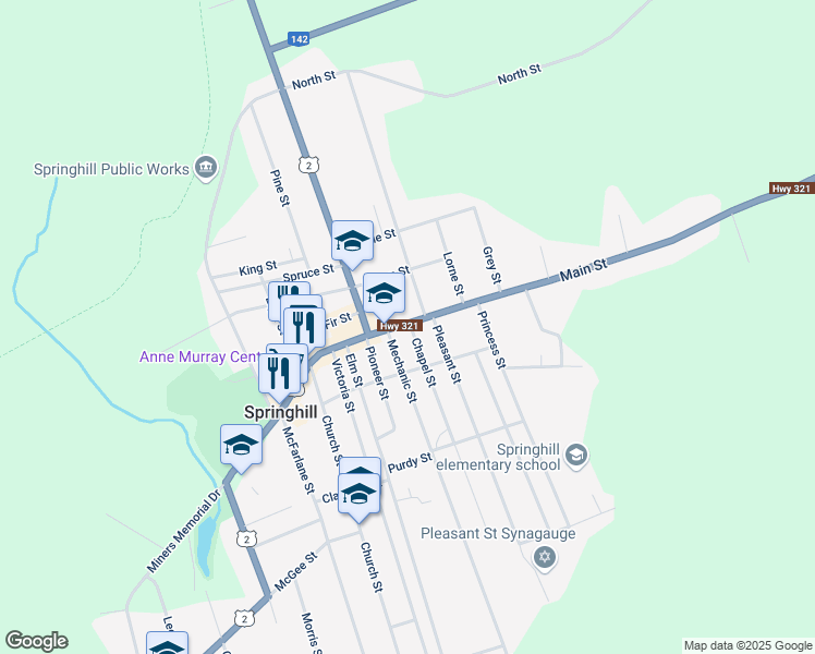 map of restaurants, bars, coffee shops, grocery stores, and more near 103 Main Street in Springhill