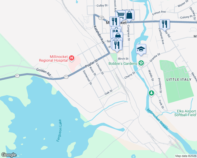 map of restaurants, bars, coffee shops, grocery stores, and more near 51 Knox Street in Millinocket
