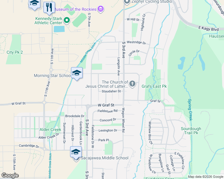 map of restaurants, bars, coffee shops, grocery stores, and more near 417 Staudaher Street in Bozeman