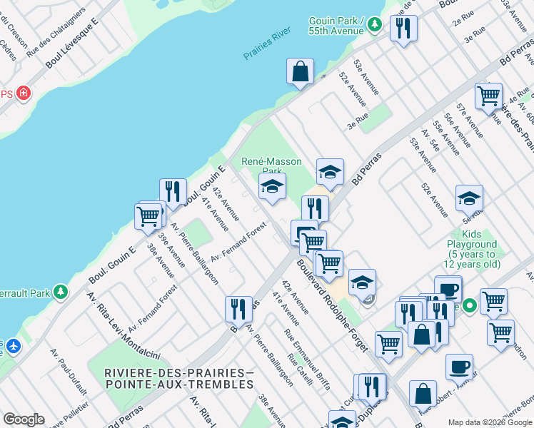 map of restaurants, bars, coffee shops, grocery stores, and more near 12724 Place Louis-Chartier in Montréal