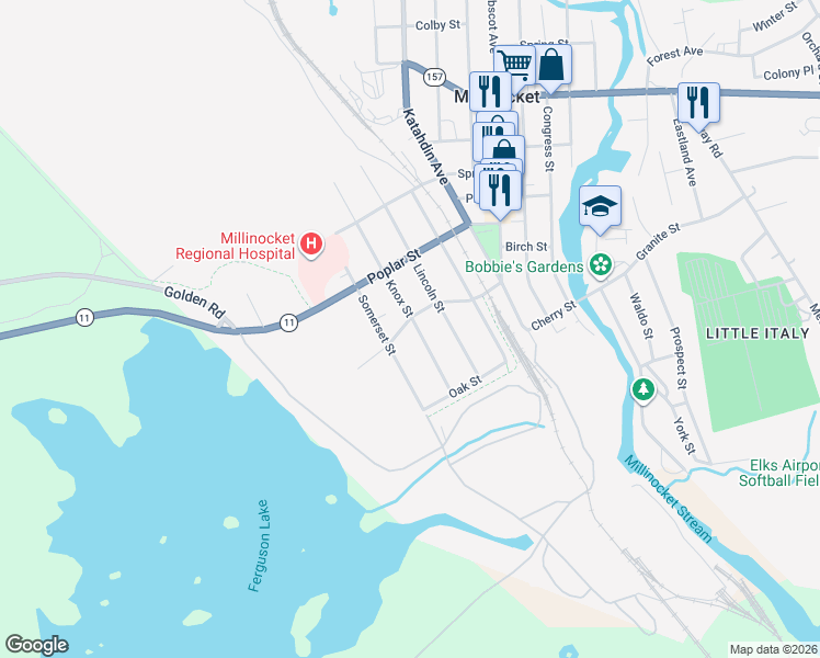 map of restaurants, bars, coffee shops, grocery stores, and more near 51 Knox Street in Millinocket