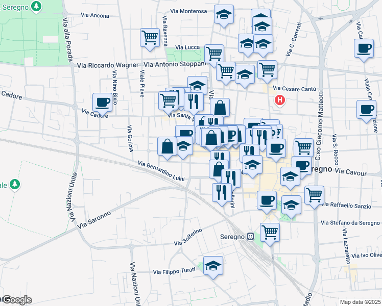 map of restaurants, bars, coffee shops, grocery stores, and more near 11 Via Fratelli Sabatelli in Seregno