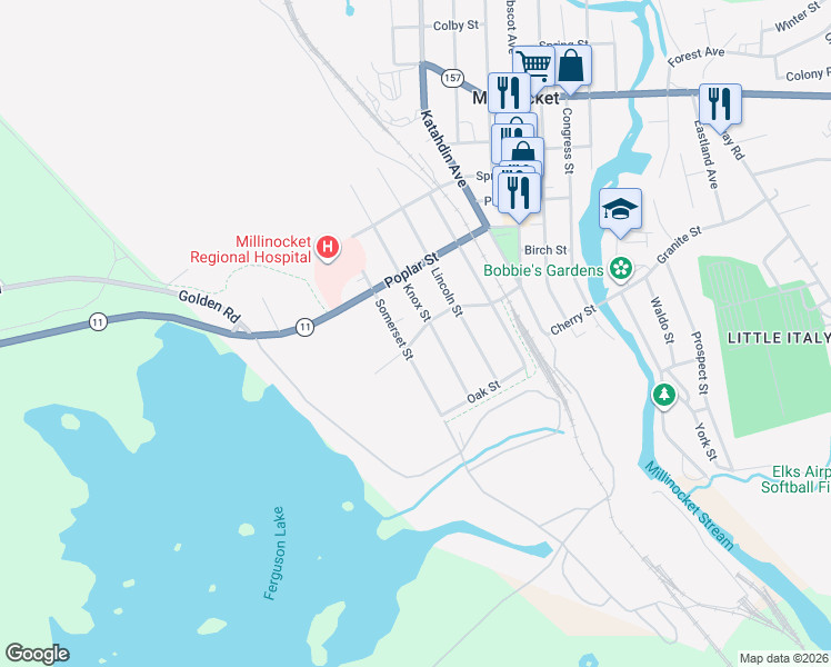 map of restaurants, bars, coffee shops, grocery stores, and more near 103 Elm Street in Millinocket