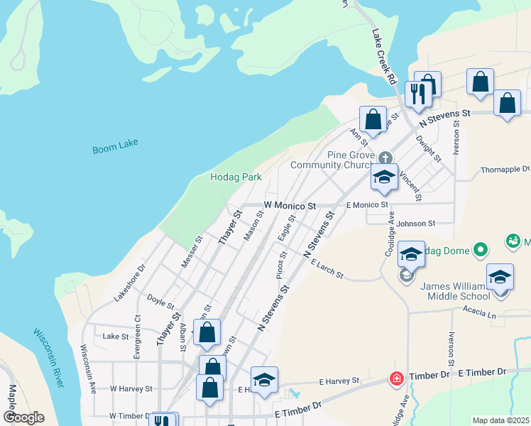 map of restaurants, bars, coffee shops, grocery stores, and more near 1128 Mason Street in Rhinelander