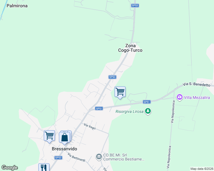 map of restaurants, bars, coffee shops, grocery stores, and more near 74 SP53 in Bressanvido