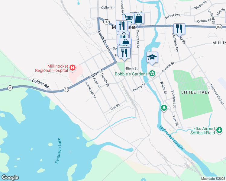 map of restaurants, bars, coffee shops, grocery stores, and more near 45 Lincoln Street in Millinocket