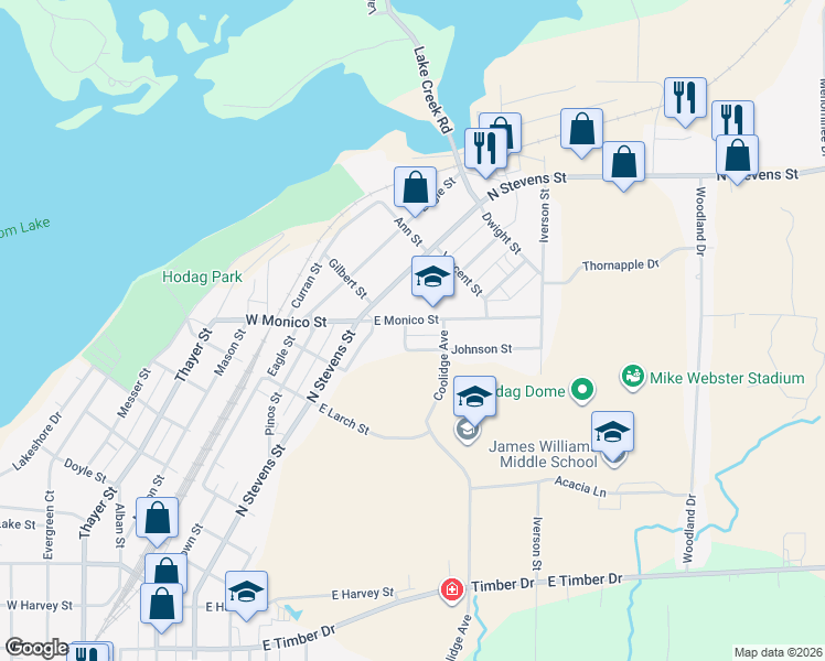 map of restaurants, bars, coffee shops, grocery stores, and more near 101 Johnson Street in Rhinelander