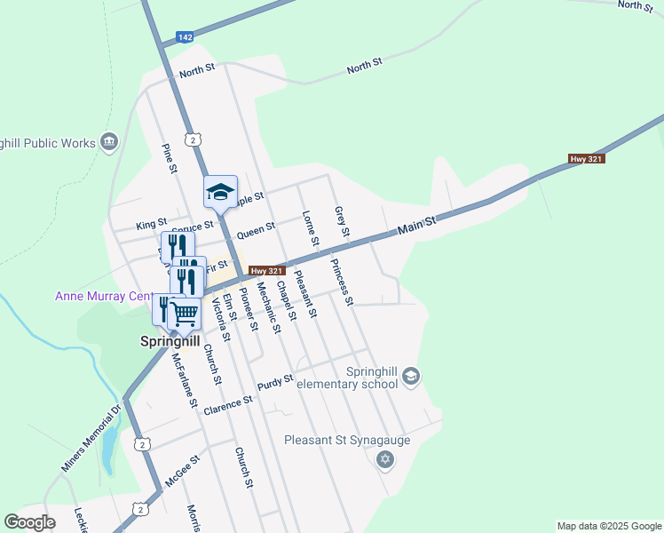 map of restaurants, bars, coffee shops, grocery stores, and more near 3 Princess Street in Springhill