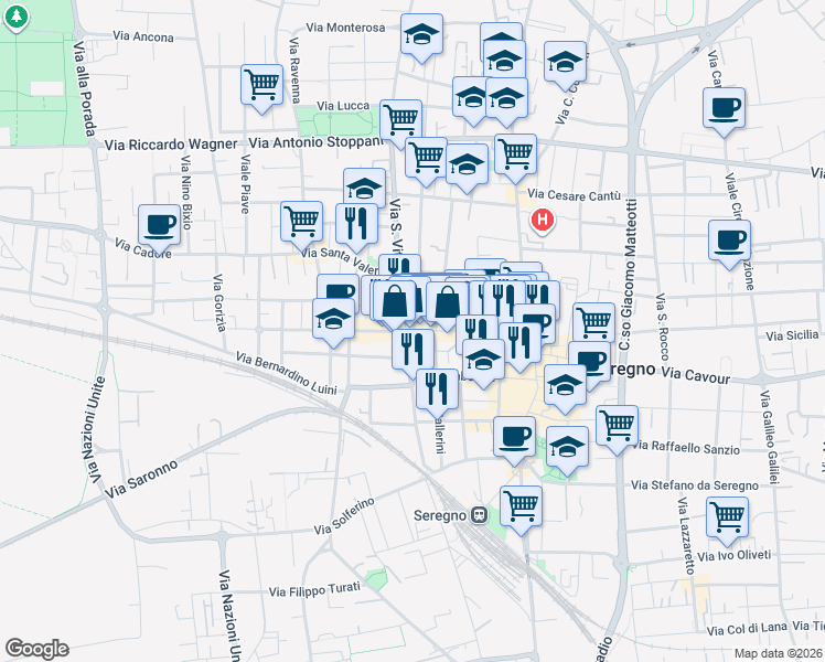 map of restaurants, bars, coffee shops, grocery stores, and more near 109 Via Giuseppe Garibaldi in Seregno