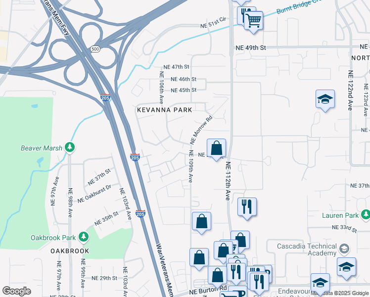 map of restaurants, bars, coffee shops, grocery stores, and more near 3910 Northeast 108th Avenue in Vancouver