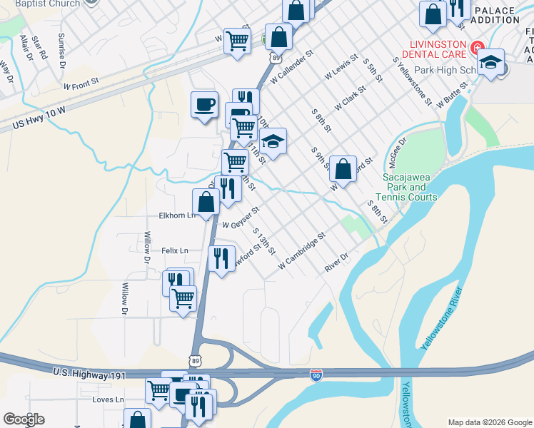 map of restaurants, bars, coffee shops, grocery stores, and more near 1203 West Geyser Street in Livingston