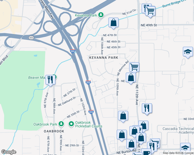 map of restaurants, bars, coffee shops, grocery stores, and more near 10501 Northeast 41st Street in Vancouver